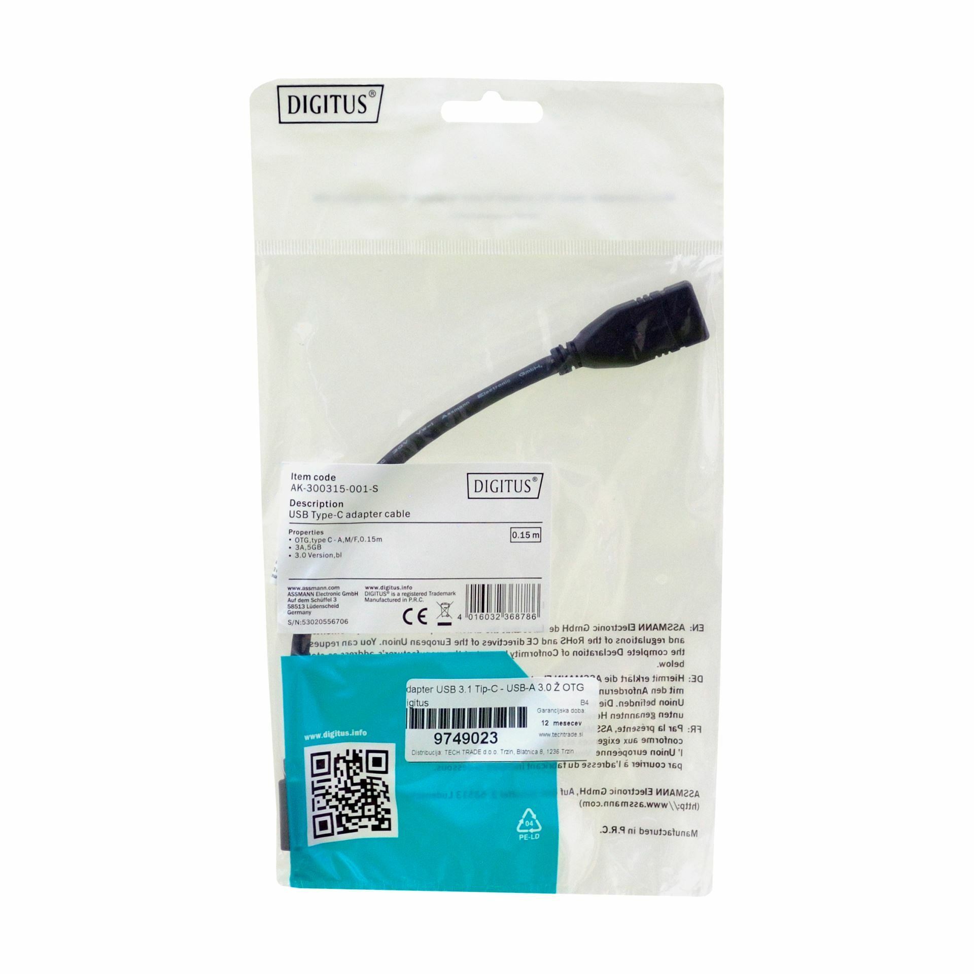 Digitus adapter USB 3.1 TipC-USB-A 3.0 Ž OTG AK-300315-001-S - Techtrade