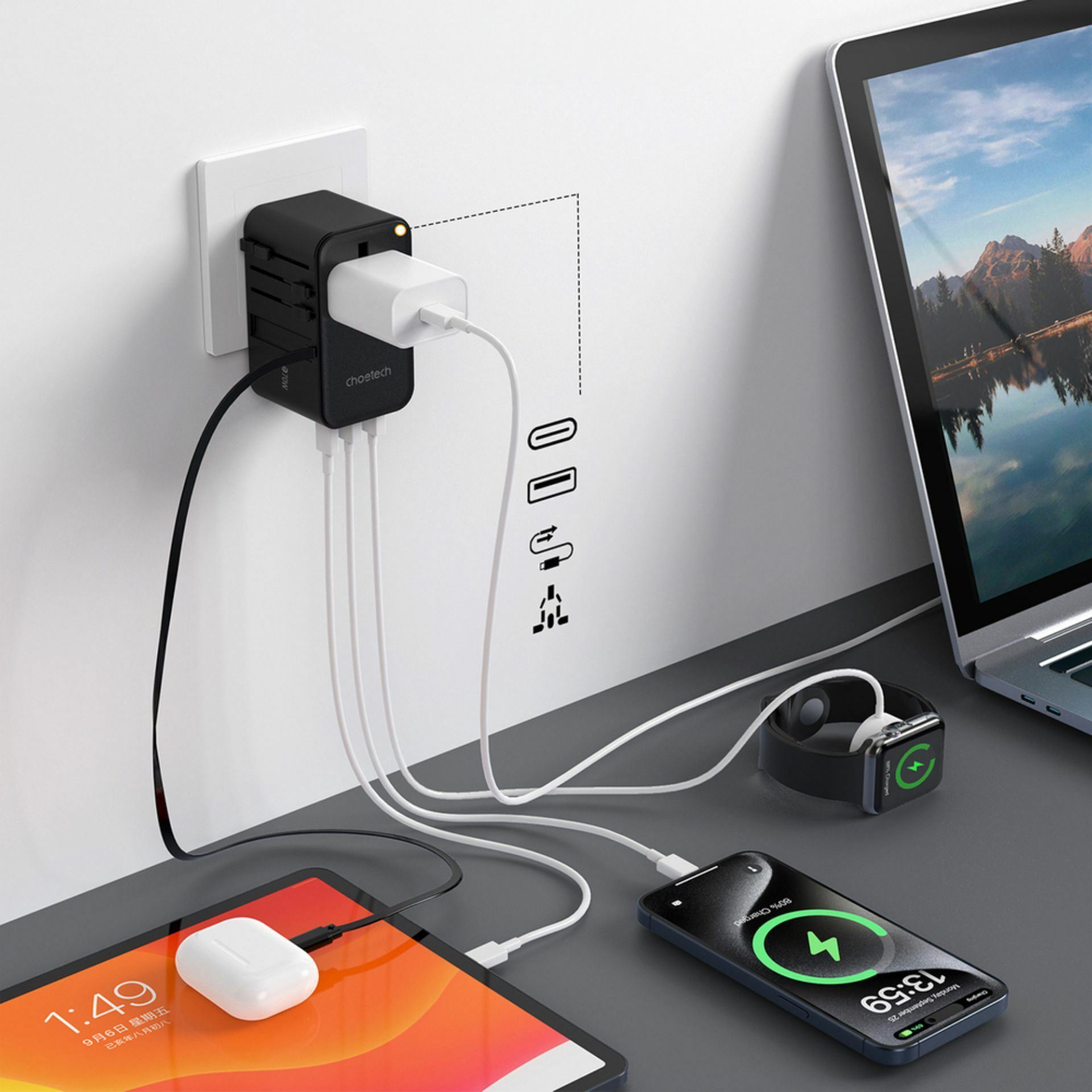Choetech potovalni adapter + USB TipC PD 70W polnilec + kabel EU USA UK ...