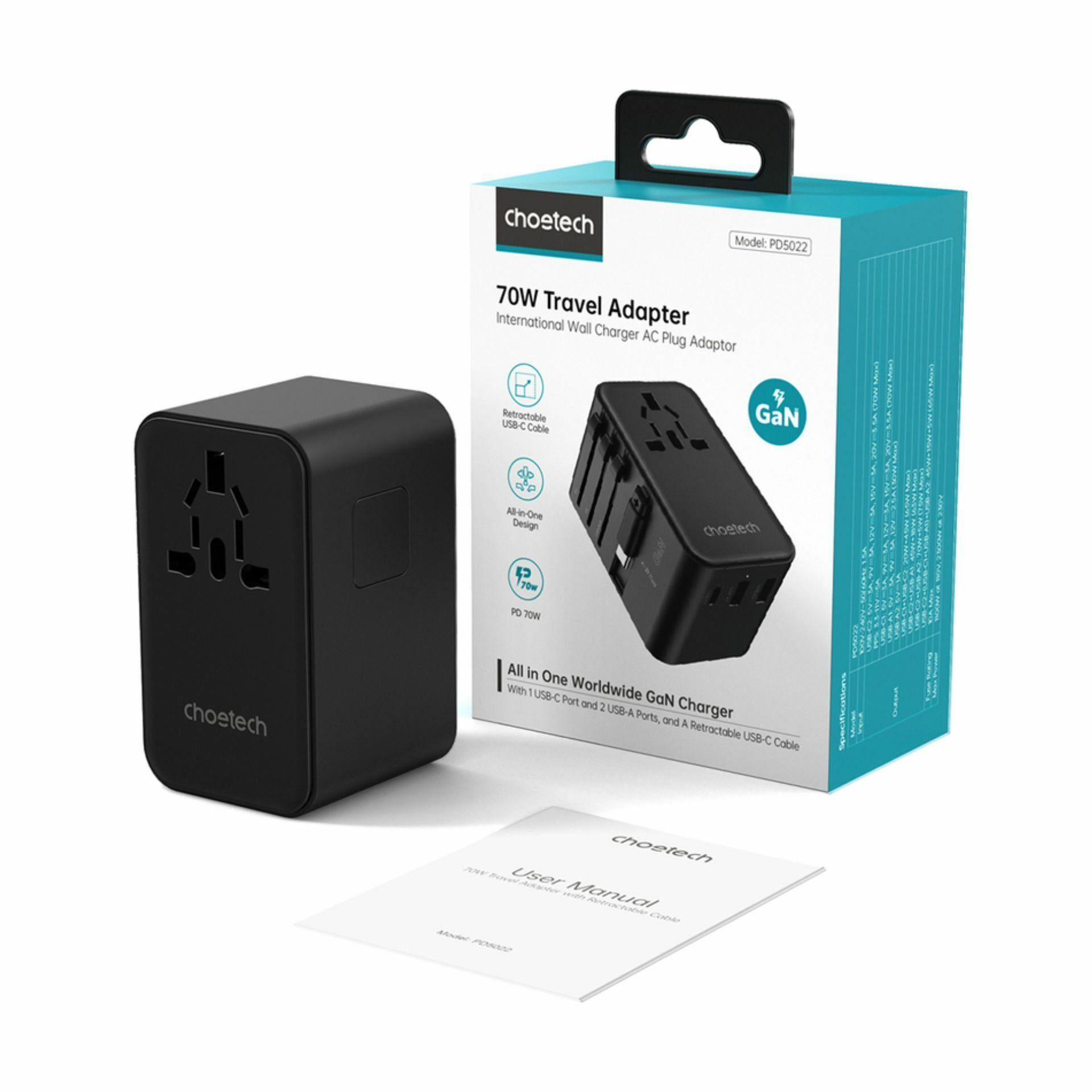 Choetech potovalni adapter + USB TipC PD 70W polnilec + kabel EU USA UK ...