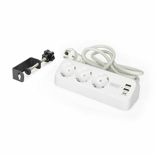 Digitus razdelilec 3x220V 2xUSB TipA TipC 1,5m namizni bel DA-70626