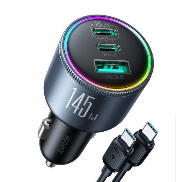 Joyroom polnilec avtomobilski 12V 24V 145W PD QC TipA TipC črn JR-CCN07