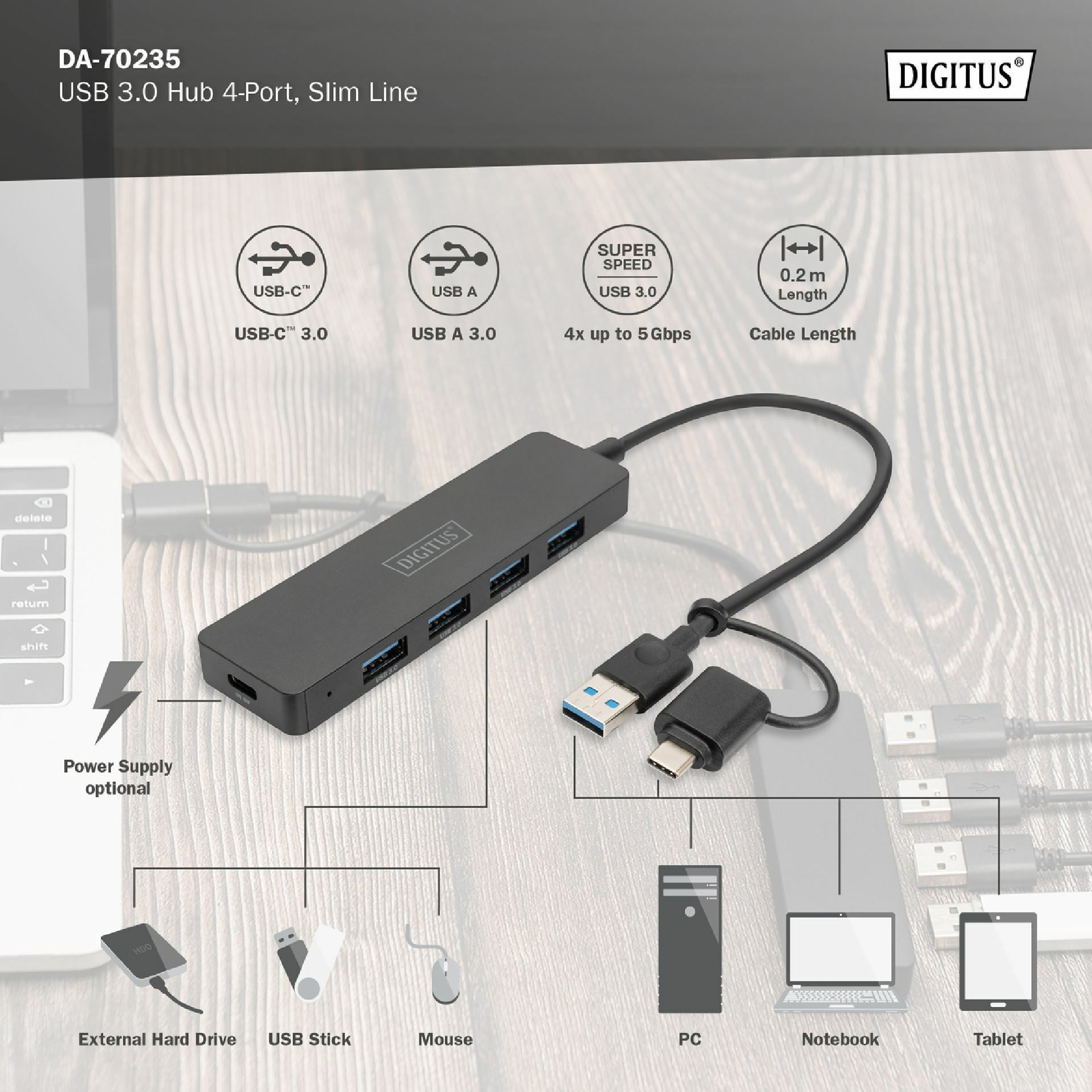 Digitus hub USB 3.0 4xA + TipC slim črn DA-70235 - Techtrade