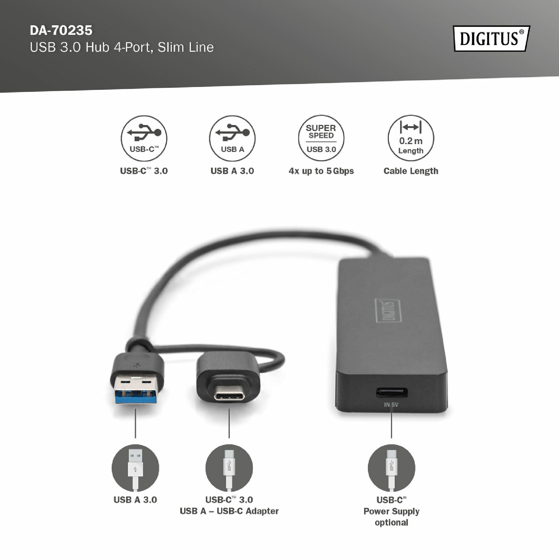 Digitus hub USB 3.0 4xA + TipC slim črn DA-70235 - Techtrade