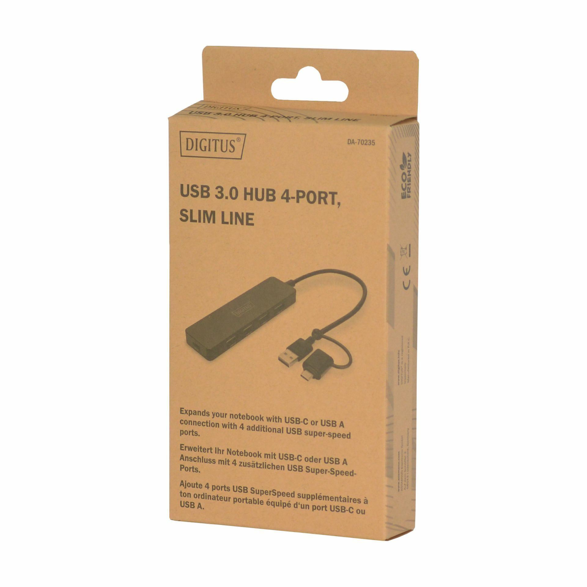 Digitus hub USB 3.0 4xA + TipC slim črn DA-70235 - Techtrade